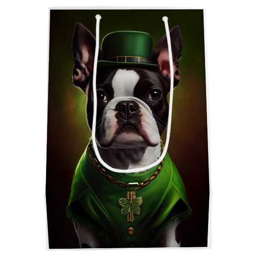 Boston Terrier dog in St. Patrick's Day Dress Medium Cadeauzakje (Achterkant)
