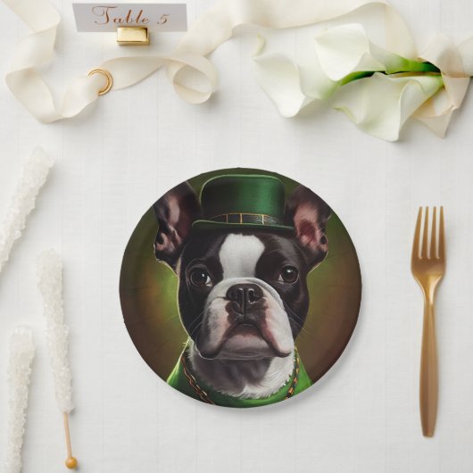 Boston Terrier dog in St. Patrick's Day Dress Papieren Bordje (Huwelijk)