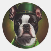 Boston Terrier dog in St. Patrick's Day Dress Ronde Sticker (Voorkant)
