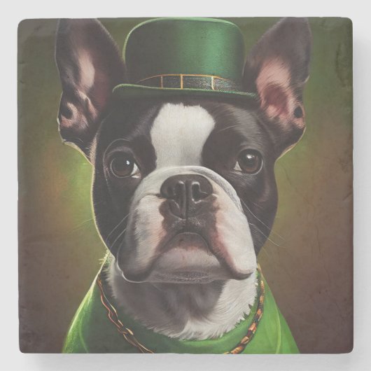 Boston Terrier dog in St. Patrick's Day Dress Stenen Onderzetter (Voorkant)
