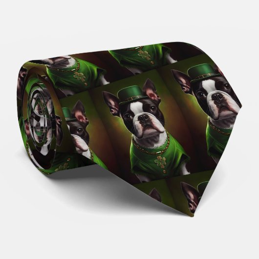 Boston Terrier dog in St. Patrick's Day Dress Stropdas (Opgerold)