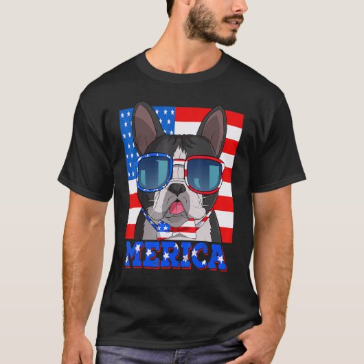 Boston Terrier Dog Merica, 4 juli Amerikaanse Fla T-shirt (Voorkant)