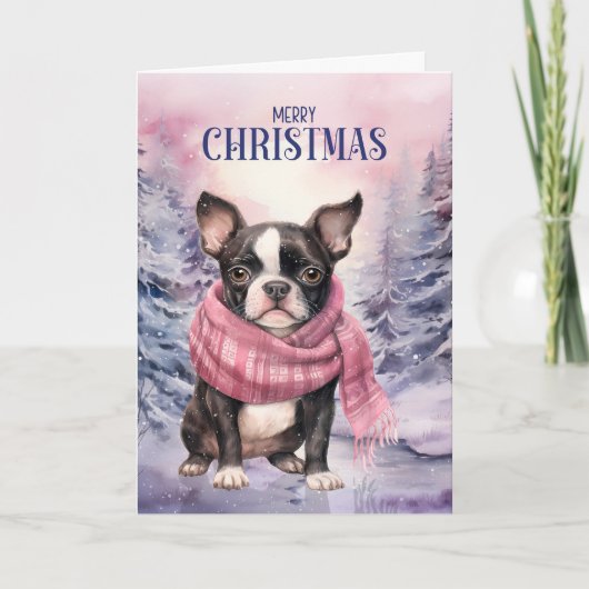 Boston Terrier Dog Merry Christmas Pink Forest Feestdagen Kaart (Voorkant)