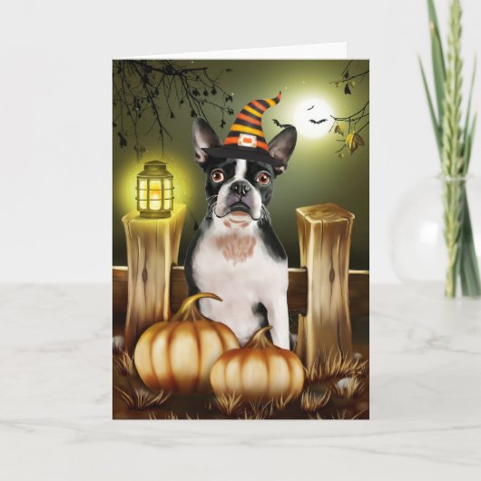 Boston Terrier Dog met Heks Pet Halloween Kaart (Voorkant)