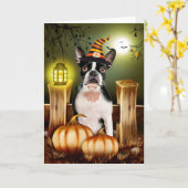 Boston Terrier Dog met Heks Pet Halloween Kaart (Gele Bloem)