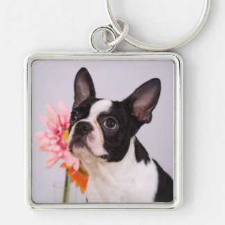 Boston Terrier Dog met roze bloem Sleutelhanger