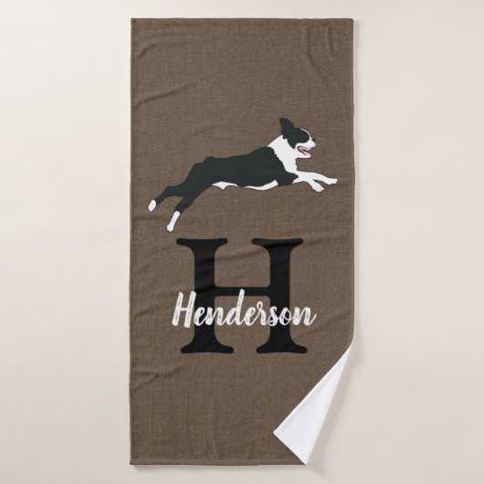 Boston Terrier Dog Monogram Achternaam Bad Handdoek (Badhanddoek)