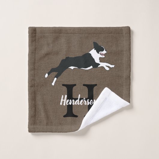 Boston Terrier Dog Monogram Achternaam Bad Handdoek (Wasdoekje)