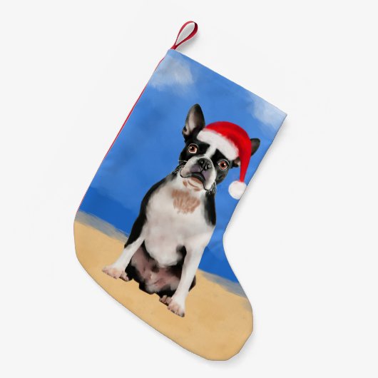 Boston Terrier Dog op het strand Kerst Pet Kleine Kerstsok (Voorkant (Hangend))