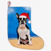 Boston Terrier Dog op het strand Kerst Pet Kleine Kerstsok (Voorkant)