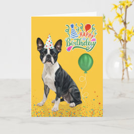 Boston Terrier Dog Party Hat Yellow Birthday Kaart