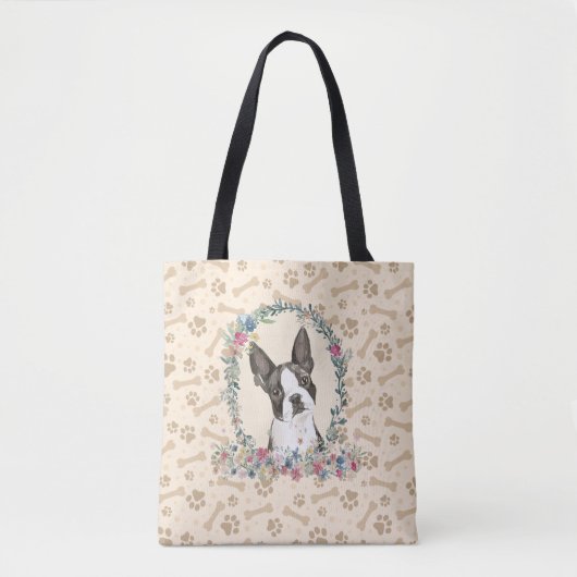 Boston Terrier Dog Paw Print & Dog Bone Cute Tote Bag (Voorkant)