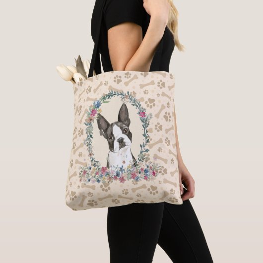 Boston Terrier Dog Paw Print & Dog Bone Cute Tote Bag (Dichtbij)
