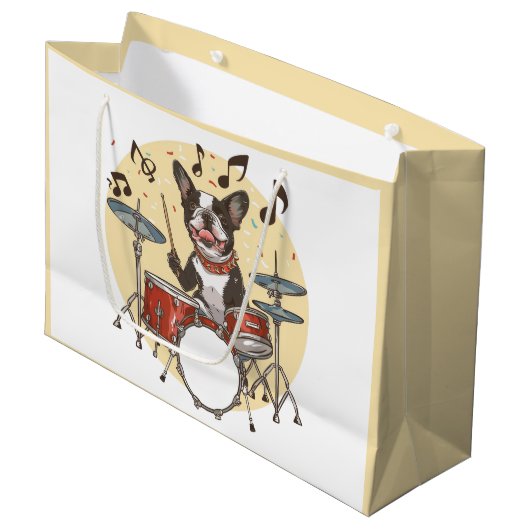 Boston Terrier Dog Playing Drums Groot Cadeauzakje (Voorkant Gekanteld)