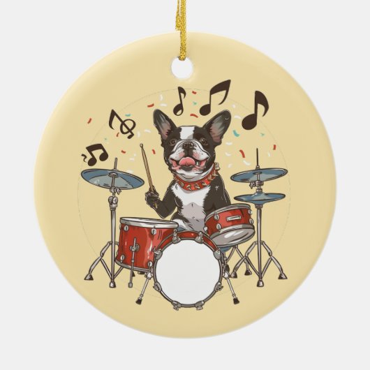 Boston Terrier Dog Playing Drums Keramisch Ornament (Achterkant)