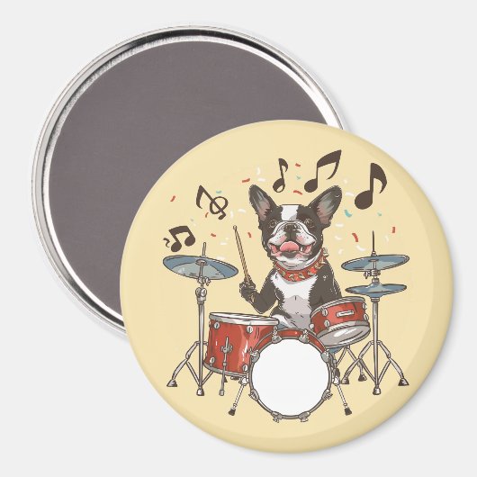 Boston Terrier Dog Playing Drums Magneet (Voorkant / Achterkant)