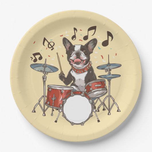 Boston Terrier Dog Playing Drums Papieren Bordje (Voorkant)