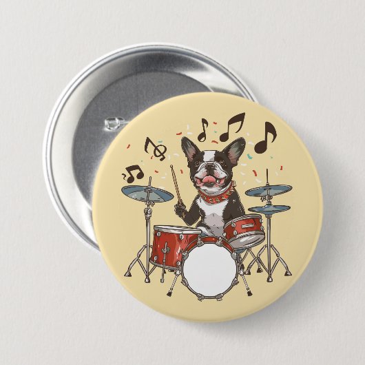 Boston Terrier Dog Playing Drums Ronde Button 7,6 Cm (Voorkant /achterkant)