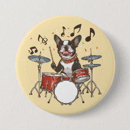 Boston Terrier Dog Playing Drums Ronde Button 7,6 Cm