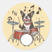 Boston Terrier Dog Playing Drums Ronde Sticker (Voorkant)