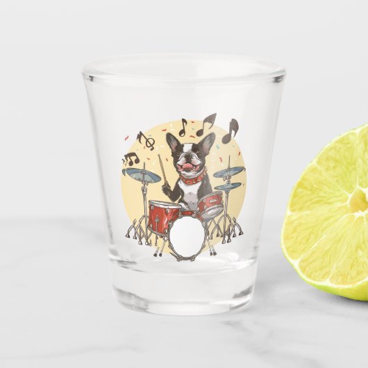 Boston Terrier Dog Playing Drums Shot Glas (Voorkant)