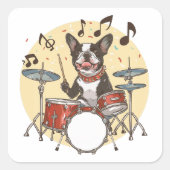 Boston Terrier Dog Playing Drums Vierkante Sticker (Voorkant)
