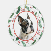 Boston Terrier Dog Red Berry Holly Border Keramisch Ornament (Links)