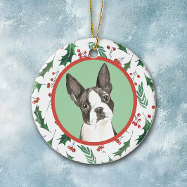 Boston Terrier Dog Red Berry Holly Border Keramisch Ornament