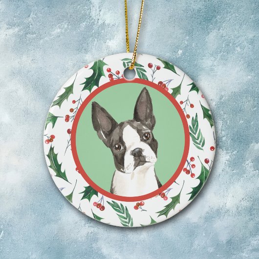 Boston Terrier Dog Red Berry Holly Border Keramisch Ornament