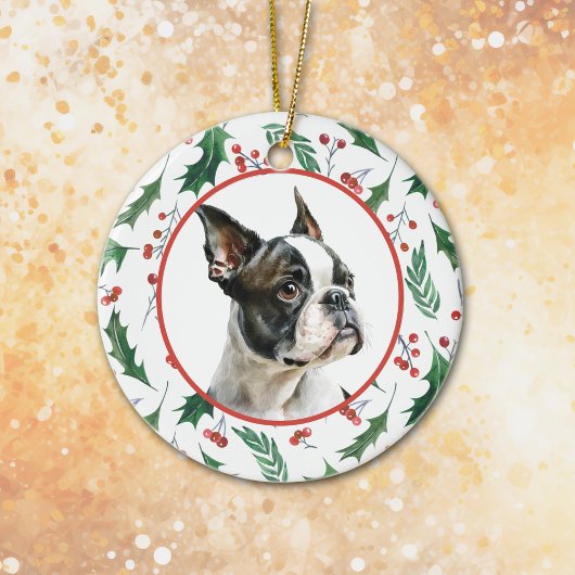 Boston Terrier Dog Red Berry Holly Border Keramisch Ornament