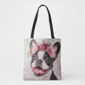 Boston Terrier Dog Red Floral Tote Bag (Voorkant)