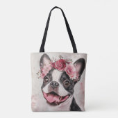 Boston Terrier Dog Red Floral Tote Bag (Achterkant)