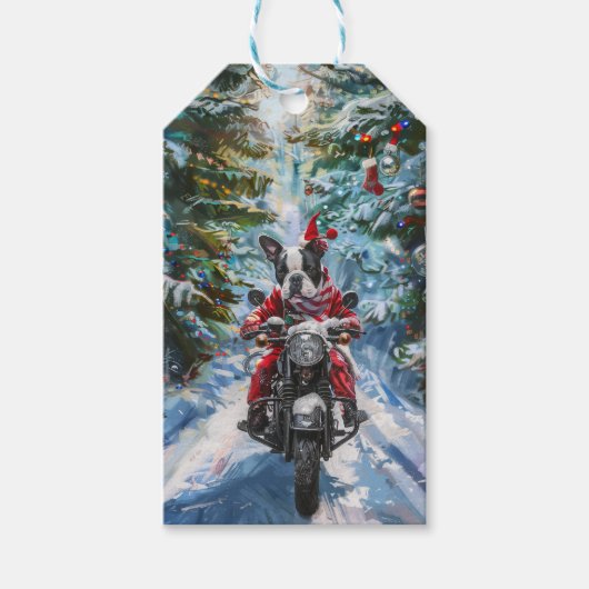 Boston Terrier Dog Riding Motorfiets Kerstmis Cadeaulabel (Voorkant)