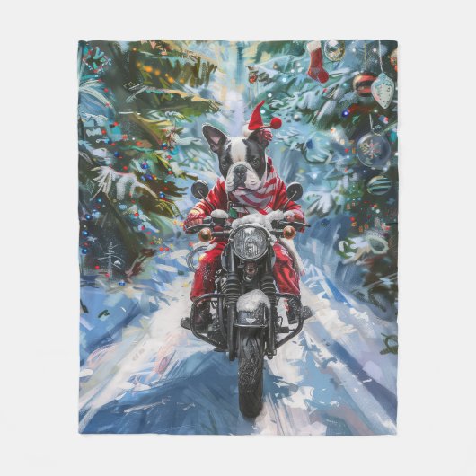 Boston Terrier Dog Riding Motorfiets Kerstmis Fleece Deken (Voorkant)