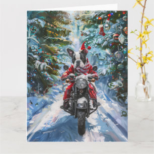 Boston Terrier Dog Riding Motorfiets Kerstmis Kaart