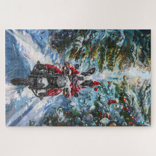 Boston Terrier Dog Riding Motorfiets Kerstmis Legpuzzel (Horizontaal)
