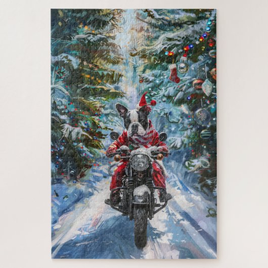 Boston Terrier Dog Riding Motorfiets Kerstmis Legpuzzel (Verticaal)