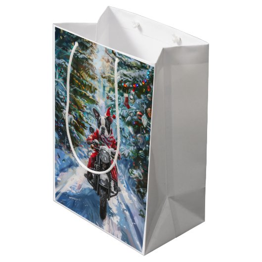 Boston Terrier Dog Riding Motorfiets Kerstmis Medium Cadeauzakje (Achterkant Gekanteld)