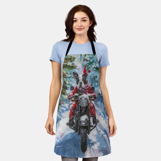 Boston Terrier Dog Riding Motorfiets Kerstmis Schort (Gedragen)