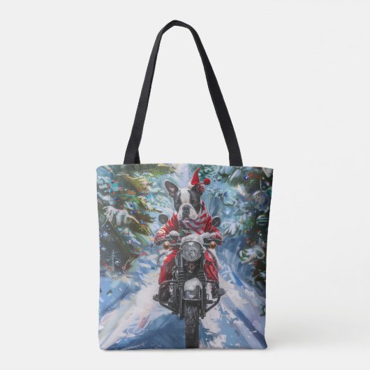 Boston Terrier Dog Riding Motorfiets Kerstmis Tote Bag (Achterkant)