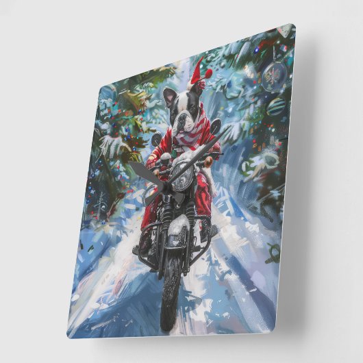 Boston Terrier Dog Riding Motorfiets Kerstmis Vierkante Klok (Hoek)