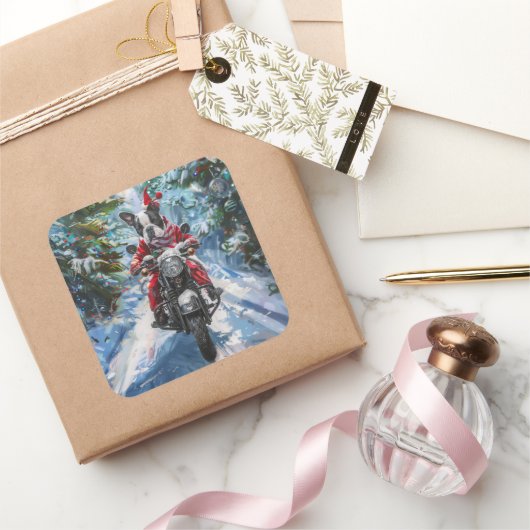 Boston Terrier Dog Riding Motorfiets Kerstmis Vierkante Sticker (Geschenken)