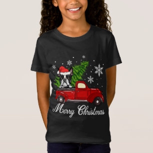 Boston Terrier Dog Riding Red Truck Merry Christma T-shirt