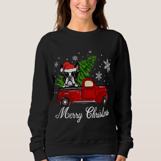 Boston Terrier Dog Riding Red Truck Merry Christma Trui (Voorkant)