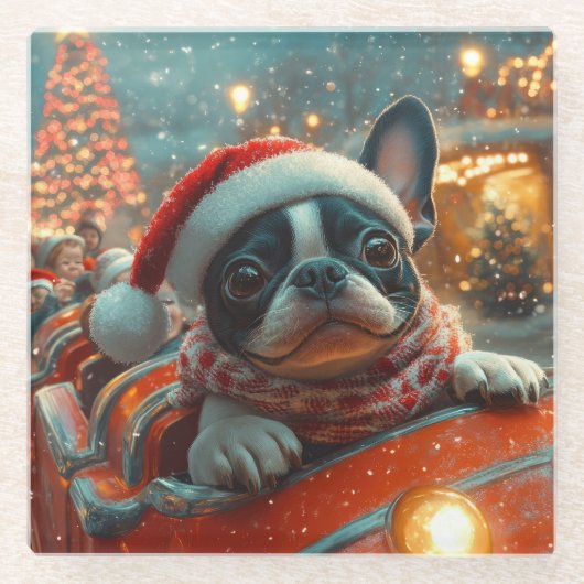 Boston Terrier Dog Roller Onderzetter Kerst Glazen Onderzetter (Voorkant)
