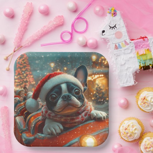 Boston Terrier Dog Roller Onderzetter Kerst Papieren Bordje (Feest)