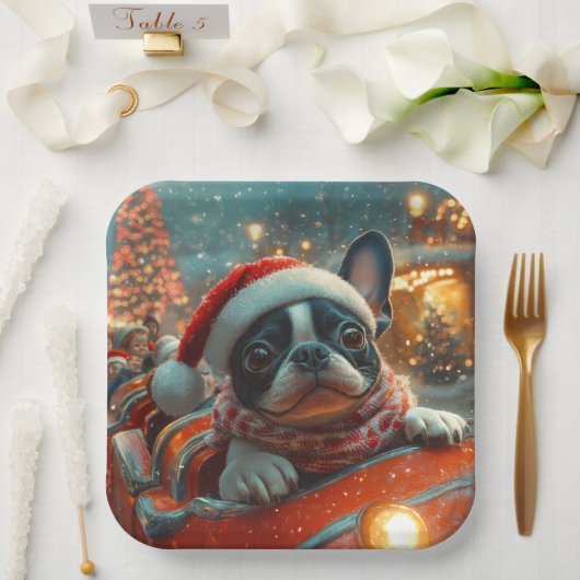 Boston Terrier Dog Roller Onderzetter Kerst Papieren Bordje (Huwelijk)