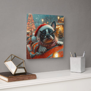 Boston Terrier Dog Roller Onderzetter Kerst Vierkante Klok