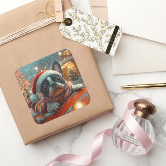 Boston Terrier Dog Roller Onderzetter Kerst Vierkante Sticker (Geschenken)