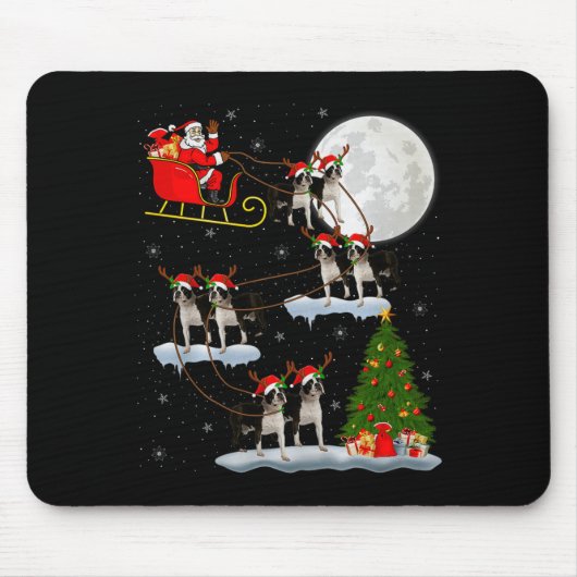 Boston Terrier Dog Santa Sleigh Flying Funny Chris Muismat (Voorkant)